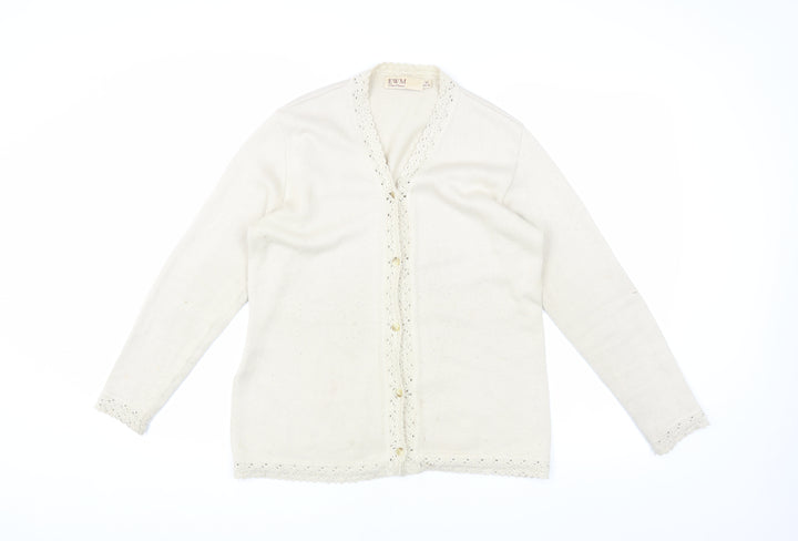 EWM Women's Ivory Cardigan M V-Neck Lightweight Knit