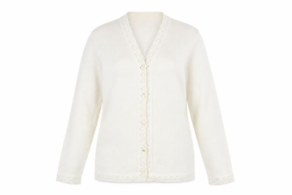 Front view of EWM Women's Ivory Cardigan M V-Neck Lightweight Knit