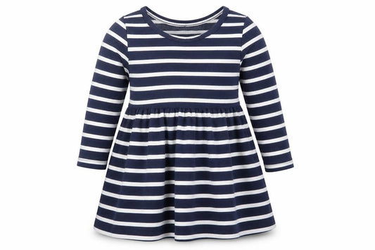 Front view of Gap unisex baby blue striped fit & flare dress, size 18-24, months