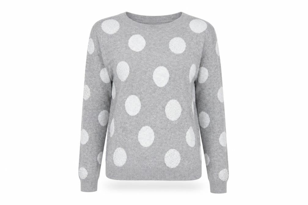 Front view of Oasis Women's Grey Polka Dot jumper, M