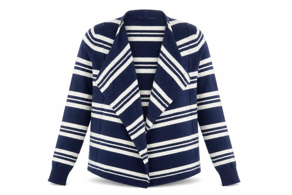 Front view of Marks & Spencer Women's Blue Striped Cashmere Cardigan