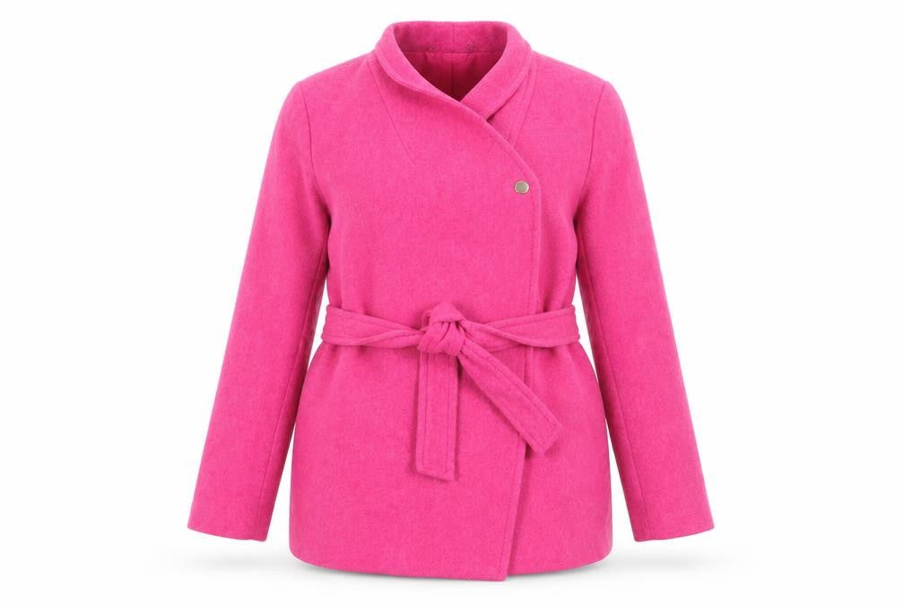 Front view of Oasis Women's Pink Belted Coat, size 12, Winter Classic