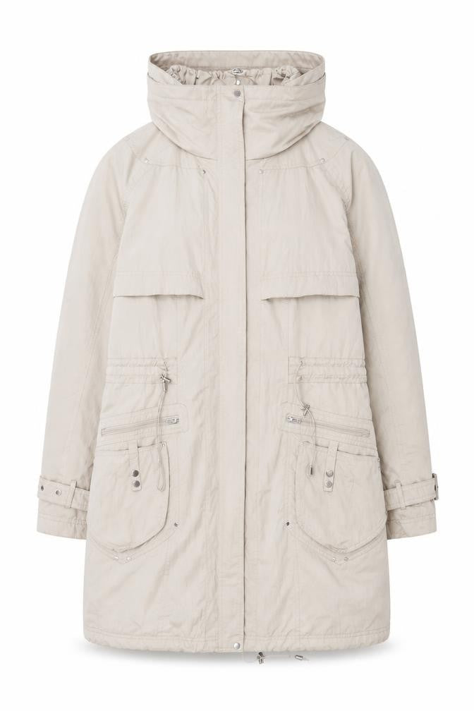 Front view of Clements Ribeiro Women's Beige Long Parka Coat, size 14