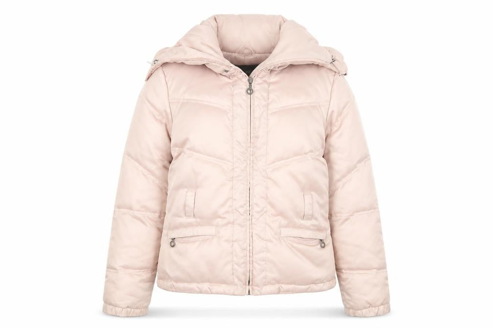 Front view of Nine West Women's Pink Puffer Jacket M Hooded Winter Coat