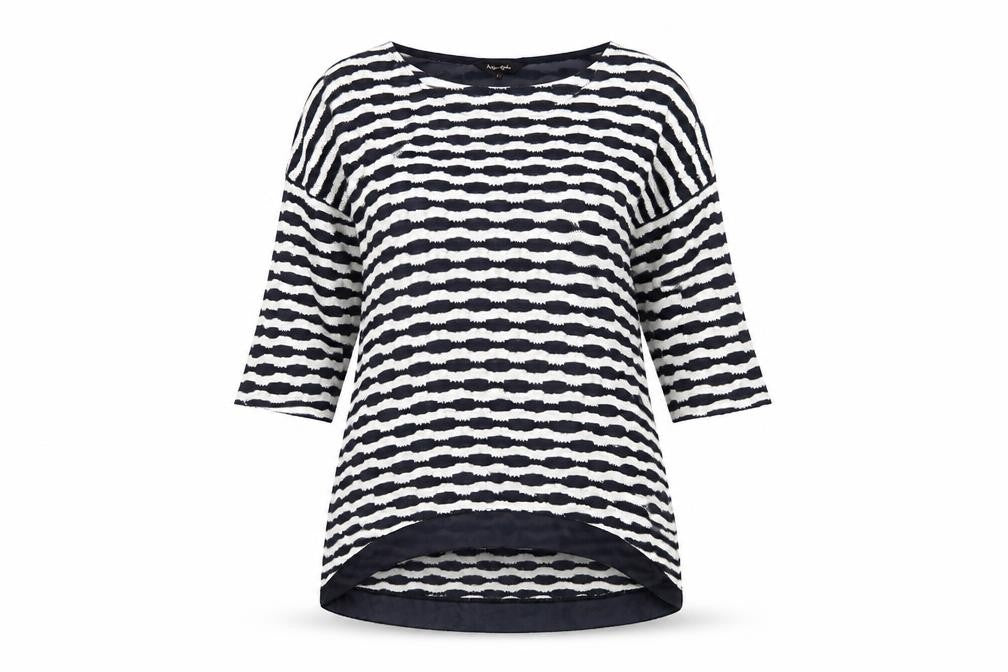 Front view of Phase Eight Women's Blue Striped Tunic, size 8, Chic Casual Jumper