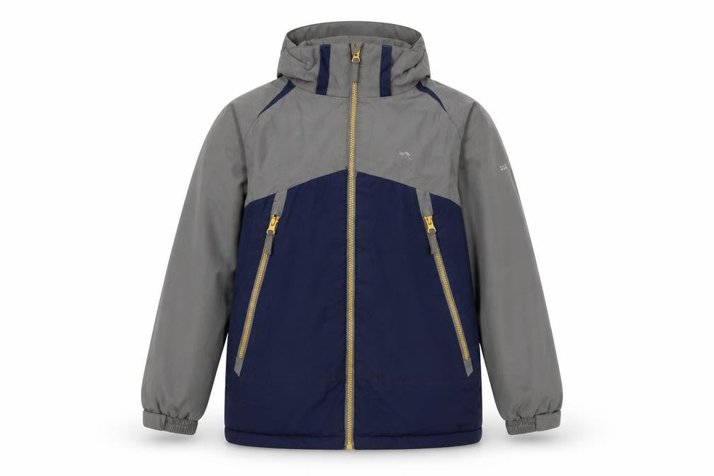 Front view of Trespass boys’ blue rain coat, 9-10y waterproof jacket