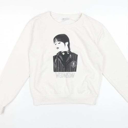 Wednesday Girls White Graphic Pullover Sweatshirt
