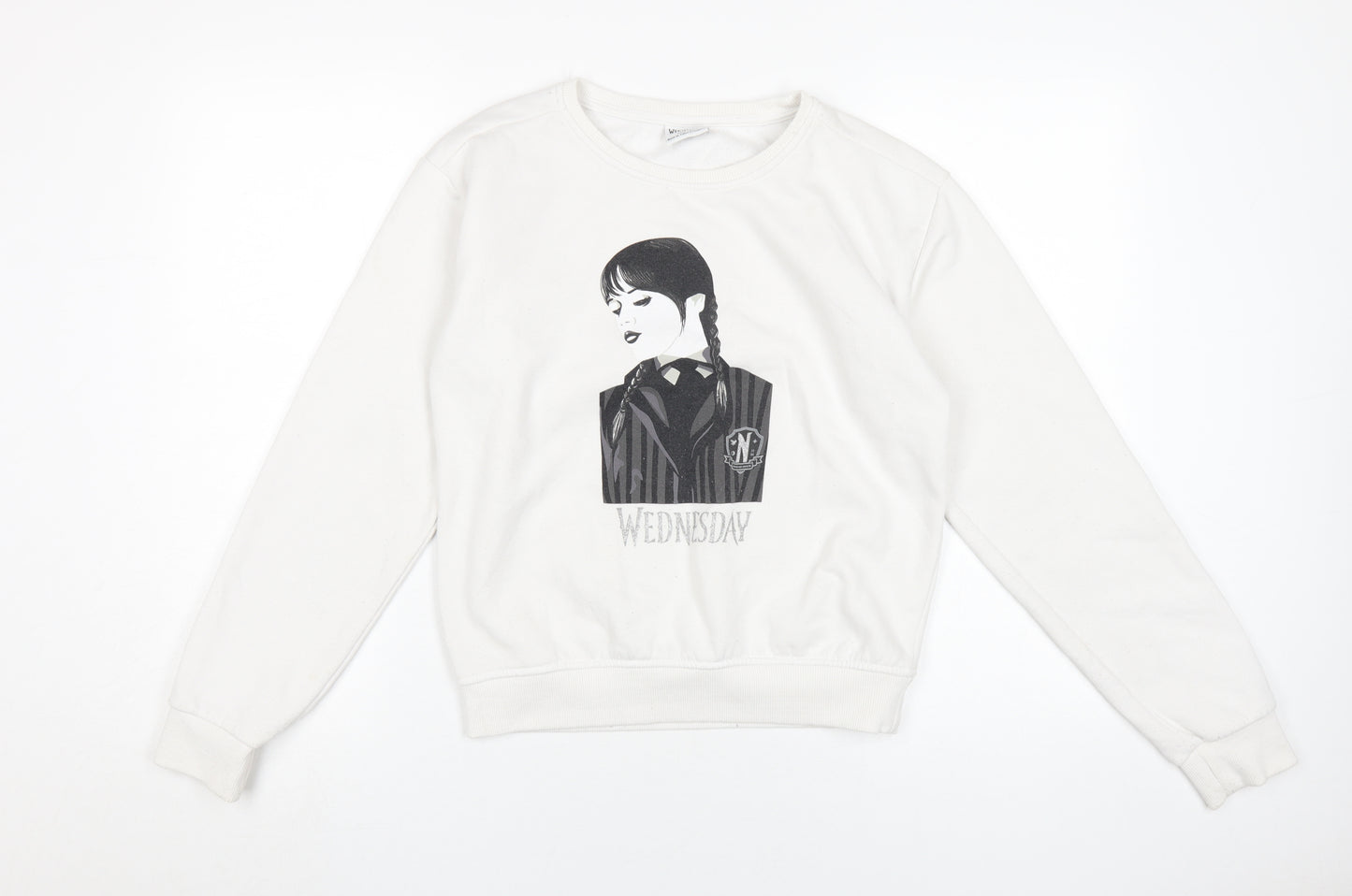 Wednesday Girls White Graphic Pullover Sweatshirt