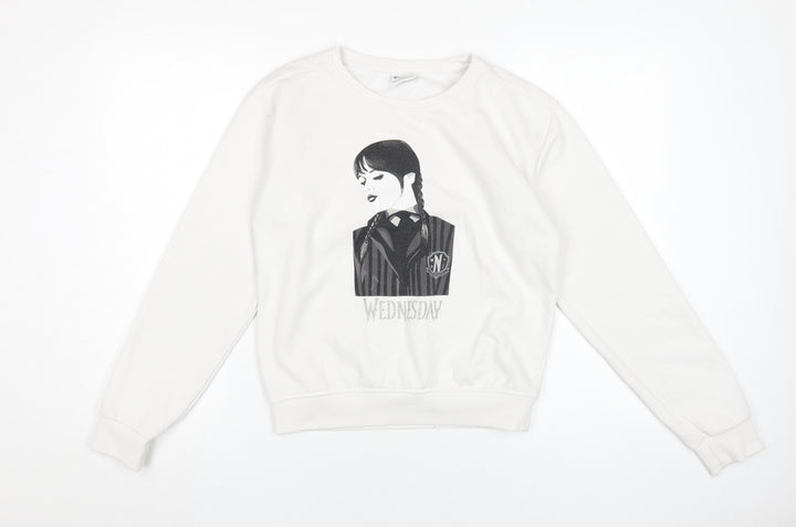 Wednesday Girls White Graphic Pullover Sweatshirt