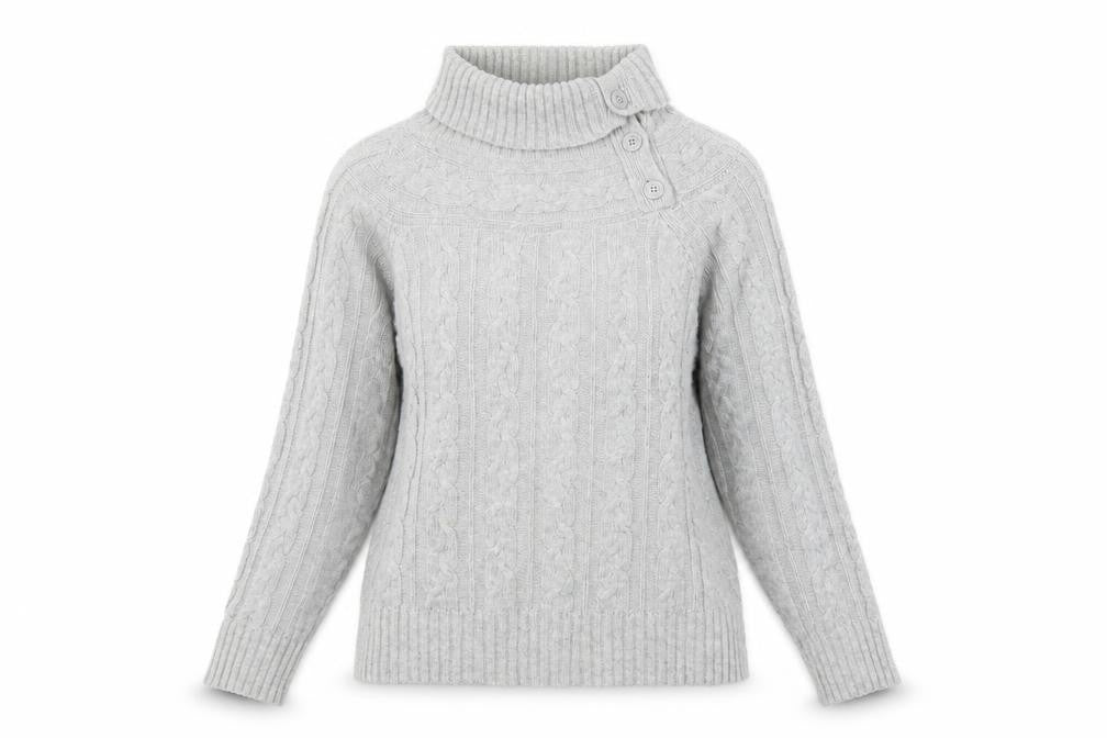 Front view of Peter Storm women’s grey high neck wool pullover, size UK 12