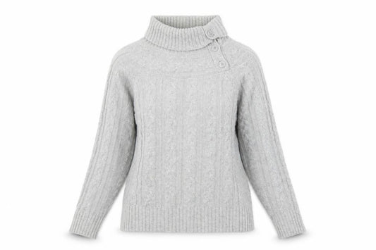 Front view of Peter Storm women’s grey high neck wool pullover, size UK 12
