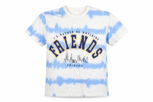 Front view of FRIENDS unisex kids blue tie-dye t-shirt 11-12 years logo