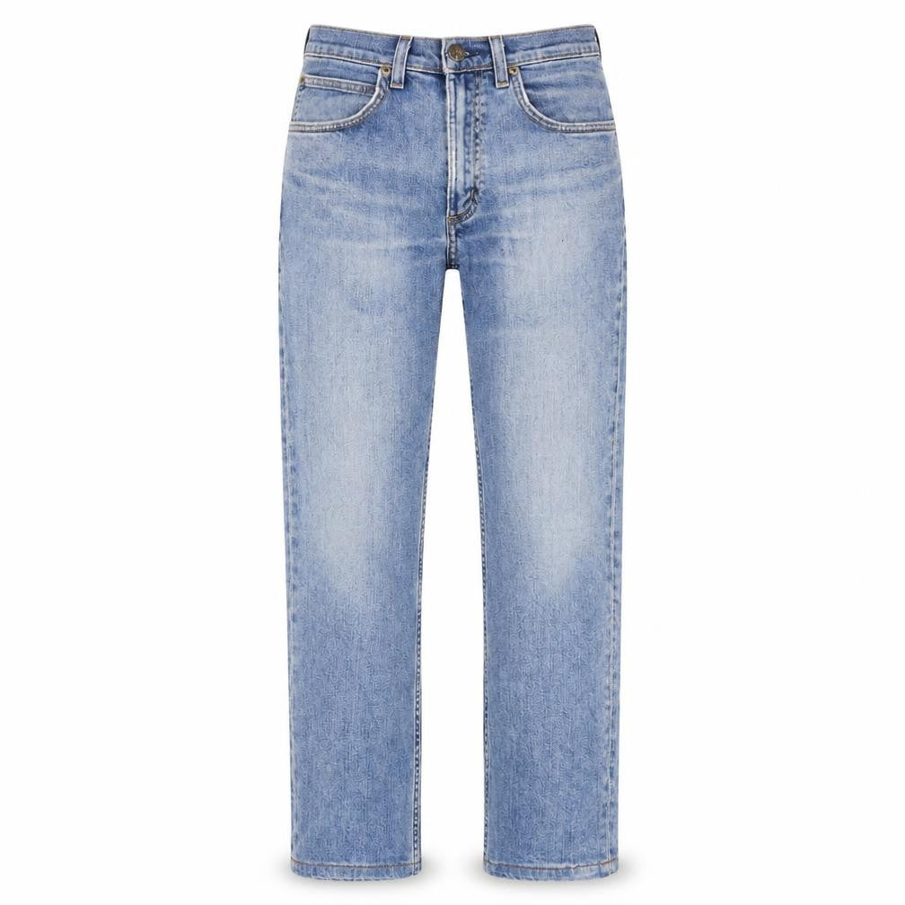 Front view of Lee unisex blue straight jeans, size 30, uk