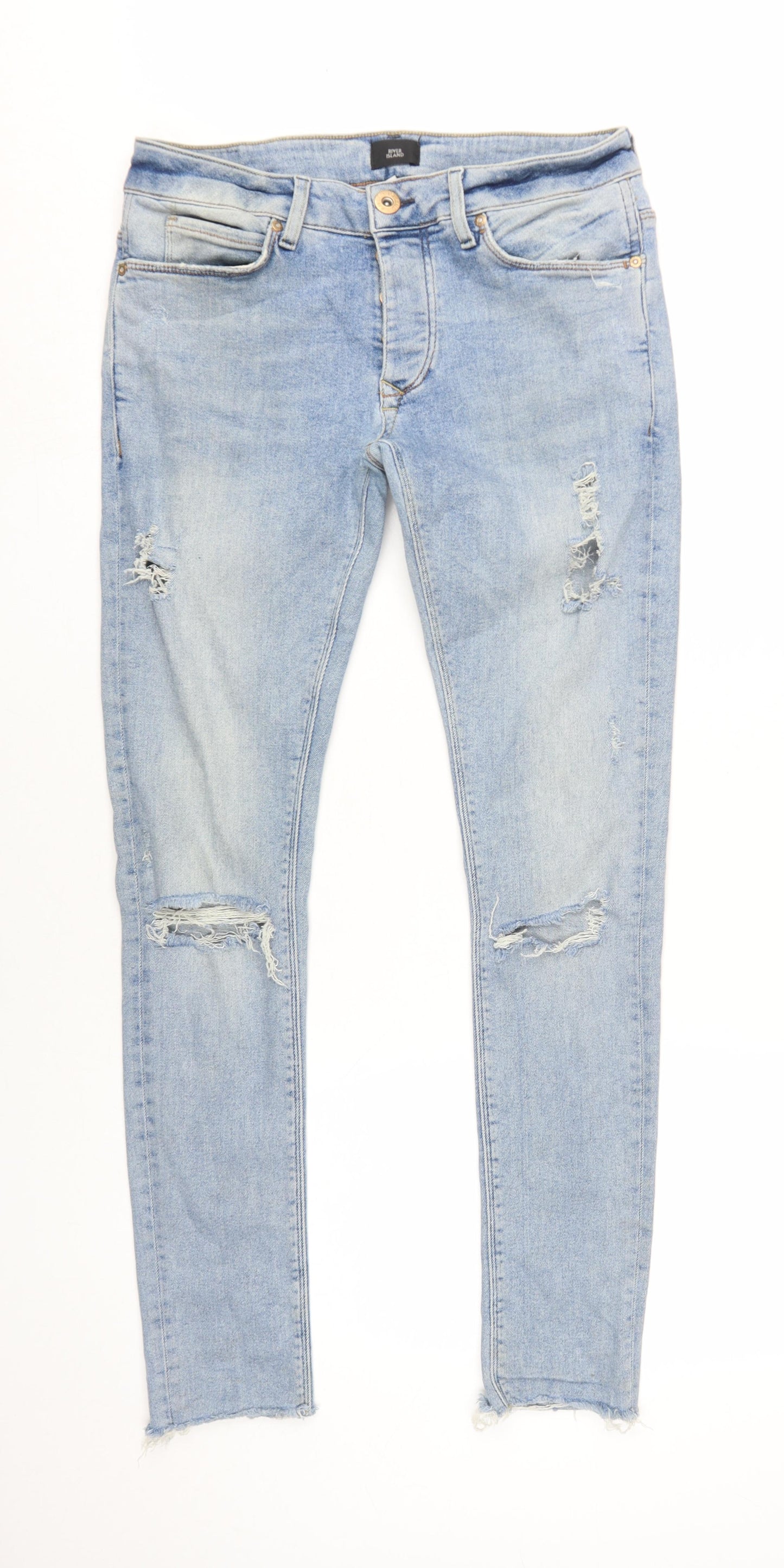 River Island Men's Blue Distressed Skinny Jeans Size 30