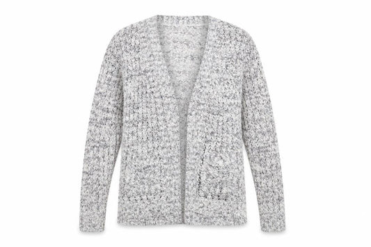 Front view of Warehouse Women's Grey Cardigan, size 12, Relaxed Fit