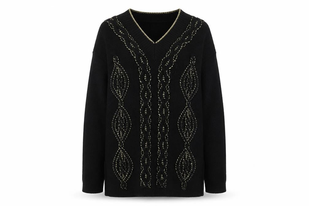 Front view of TIGI Exclusive Women's Black V-Neck jumper