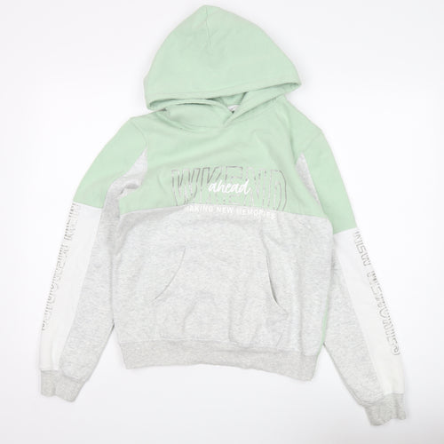 H&M Girls Green Grey Pullover Hoodie, Size 12 Years, Fleece