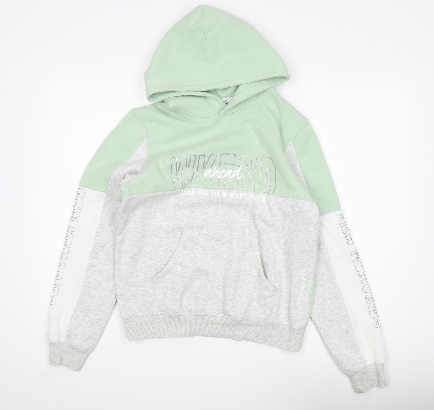H&M Girls Green Grey Pullover Hoodie, Size 12 Years, Fleece