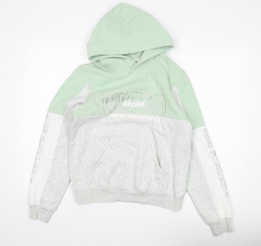 H&M Girls Green Grey Pullover Hoodie, Size 12 Years, Fleece