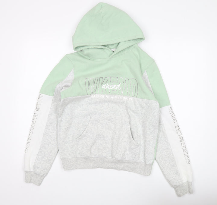 H&M Girls Green Grey Pullover Hoodie, Size 12 Years, Fleece