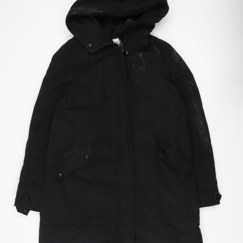 Zara Women's Black Parka Coat, Size 14, Hooded, Mid-Length