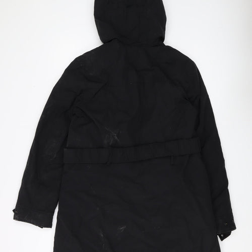Zara Women's Black Parka Coat, Size 14, Hooded, Mid-Length