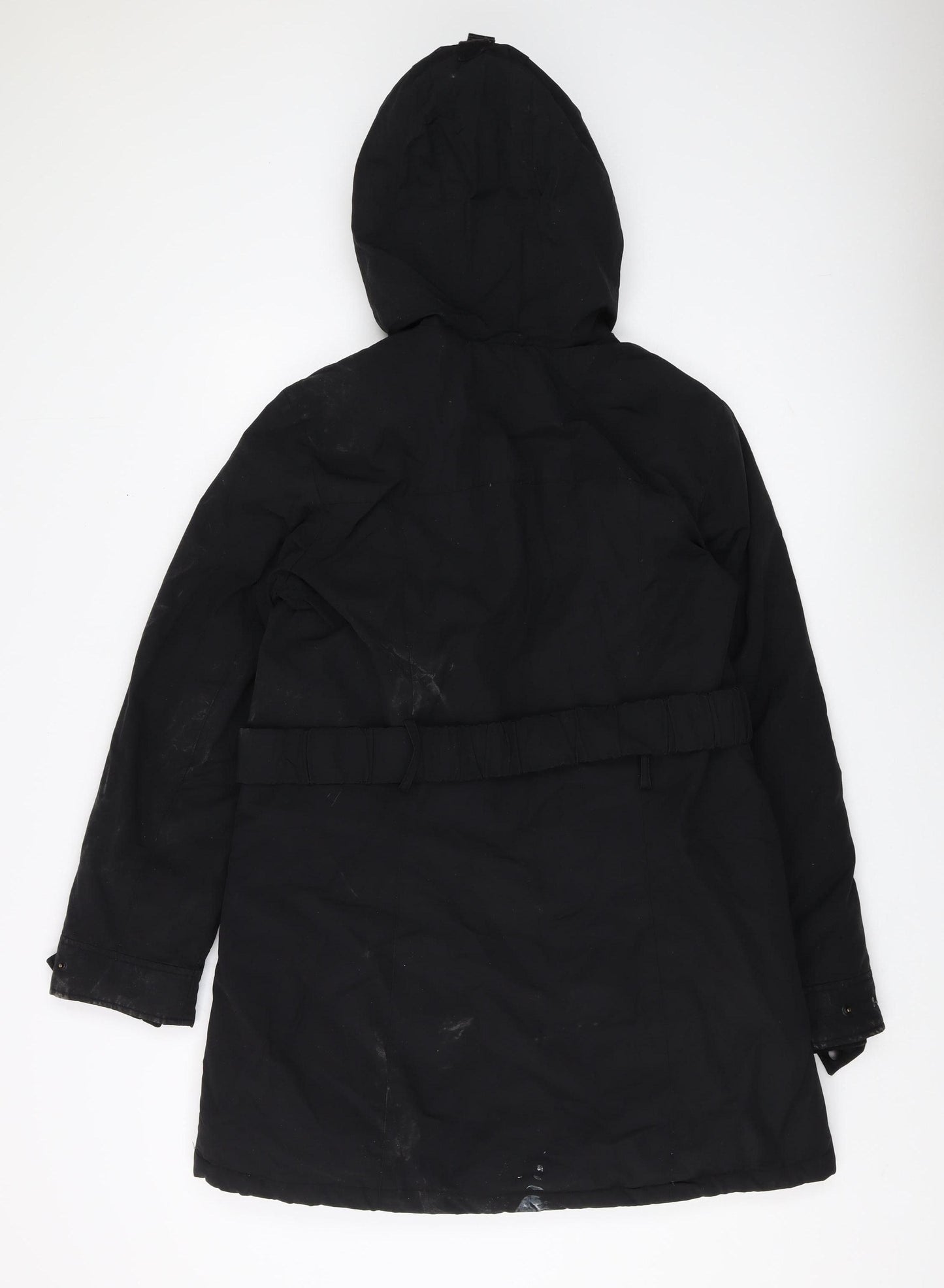 Zara Women's Black Parka Coat, Size 14, Hooded, Mid-Length