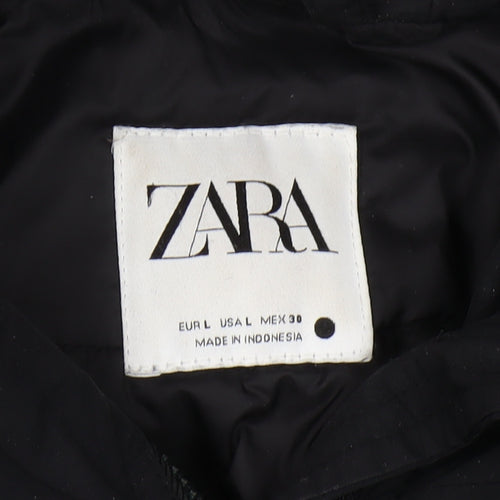 Zara Women's Black Parka Coat, Size 14, Hooded, Mid-Length