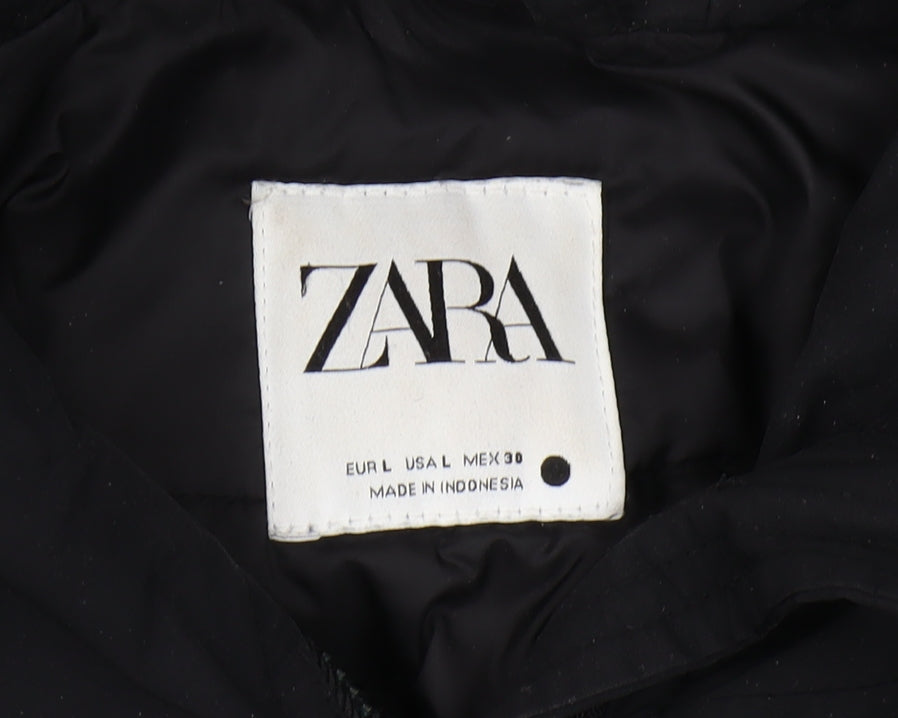 Zara Women's Black Parka Coat, Size 14, Hooded, Mid-Length