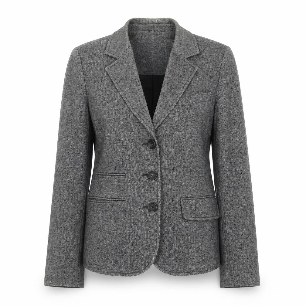 Front view of Milano Italy Women's Grey Tweed Blazer, size 10