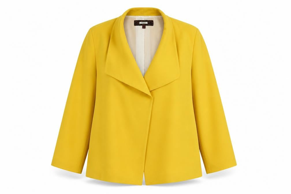 Front view of Next Women's Yellow Blazer, size 12, Shawl Lapel, Lined