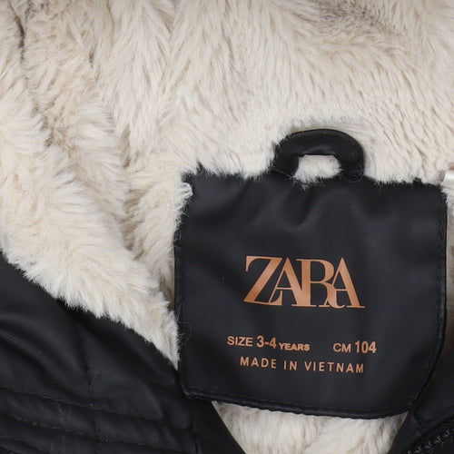 Zara Girls Black Hooded Parka Coat 3-4 Years
