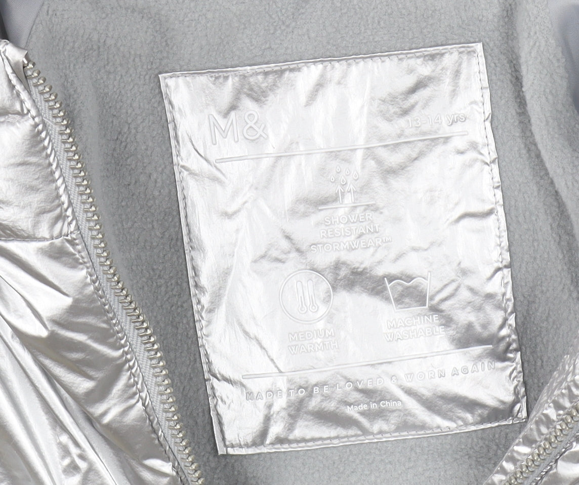 Marks and Spencer Girls Silver Puffer Jacket 13-14Y Hooded