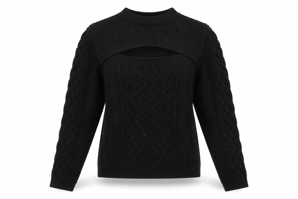 Front view of Quiz Women's Black Cable-Knit Long Sleeve Jumper