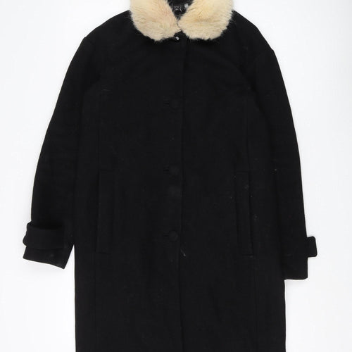 Topshop Women's Black Fur Trim Wool Overcoat Size 6