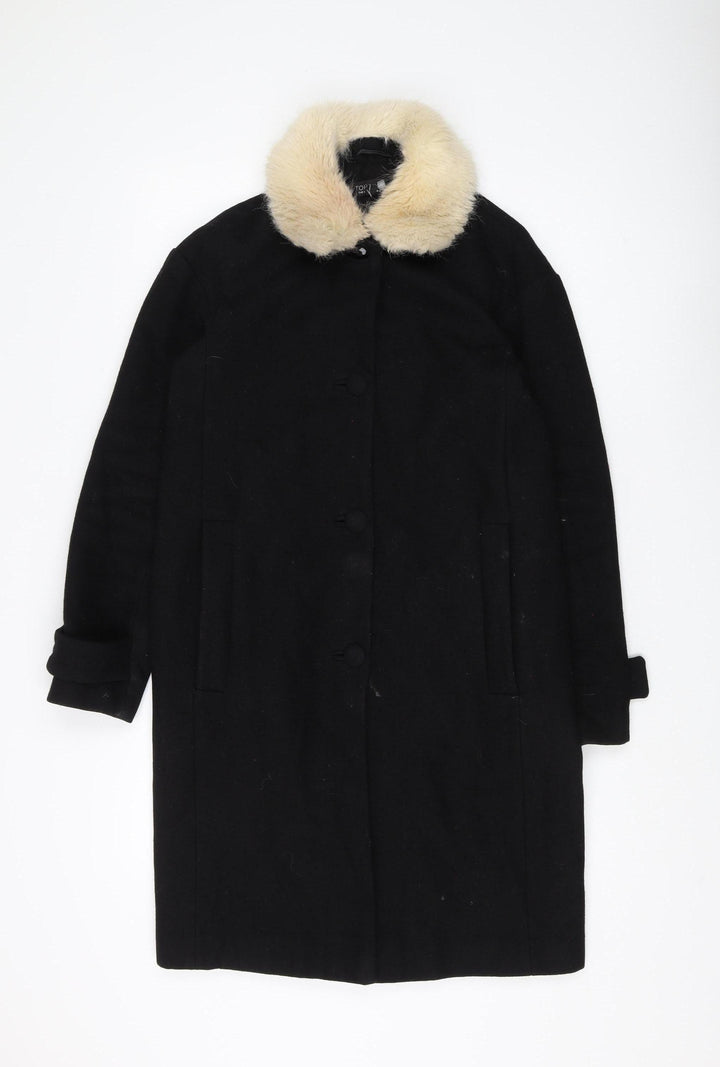 Topshop Women's Black Fur Trim Wool Overcoat Size 6