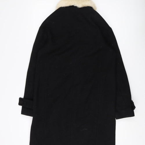 Topshop Women's Black Fur Trim Wool Overcoat Size 6