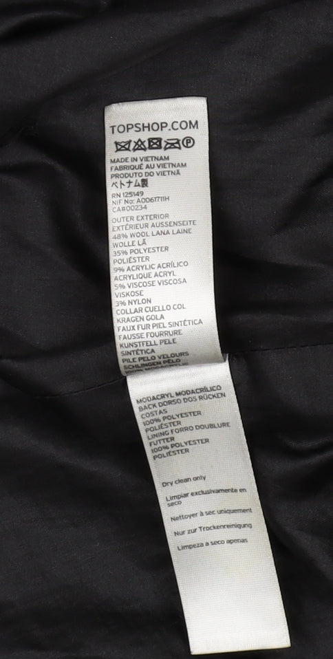 Topshop Women's Black Fur Trim Wool Overcoat Size 6