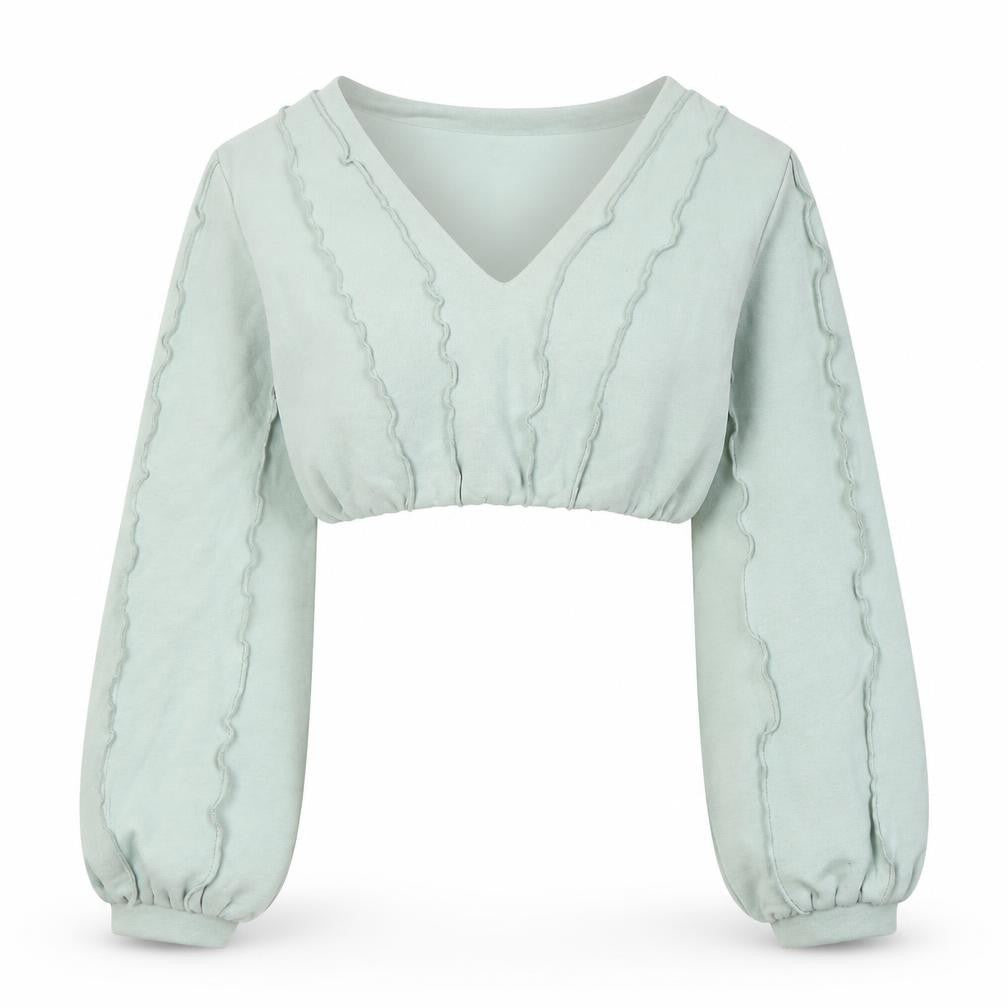 Front view of Oh Polly Women's Green V-Neck Pullover Sweatshirt