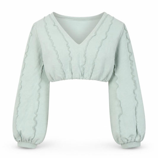 Front view of Oh Polly Women's Green V-Neck Pullover Sweatshirt