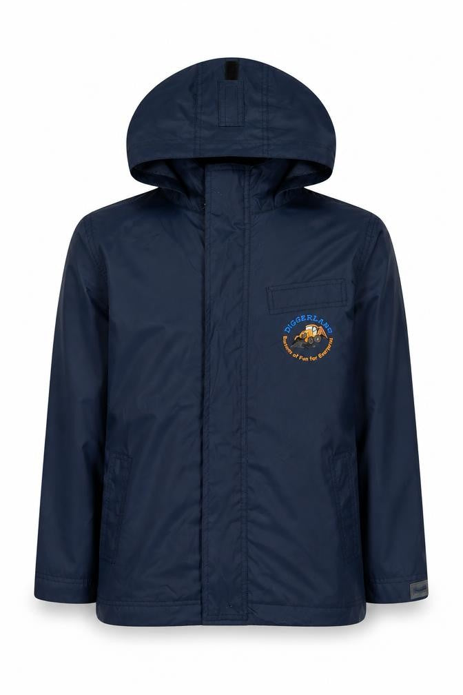 Front view of boys’ diggerland blue rain coat, hooded, 9-10 years, lightweight jacket