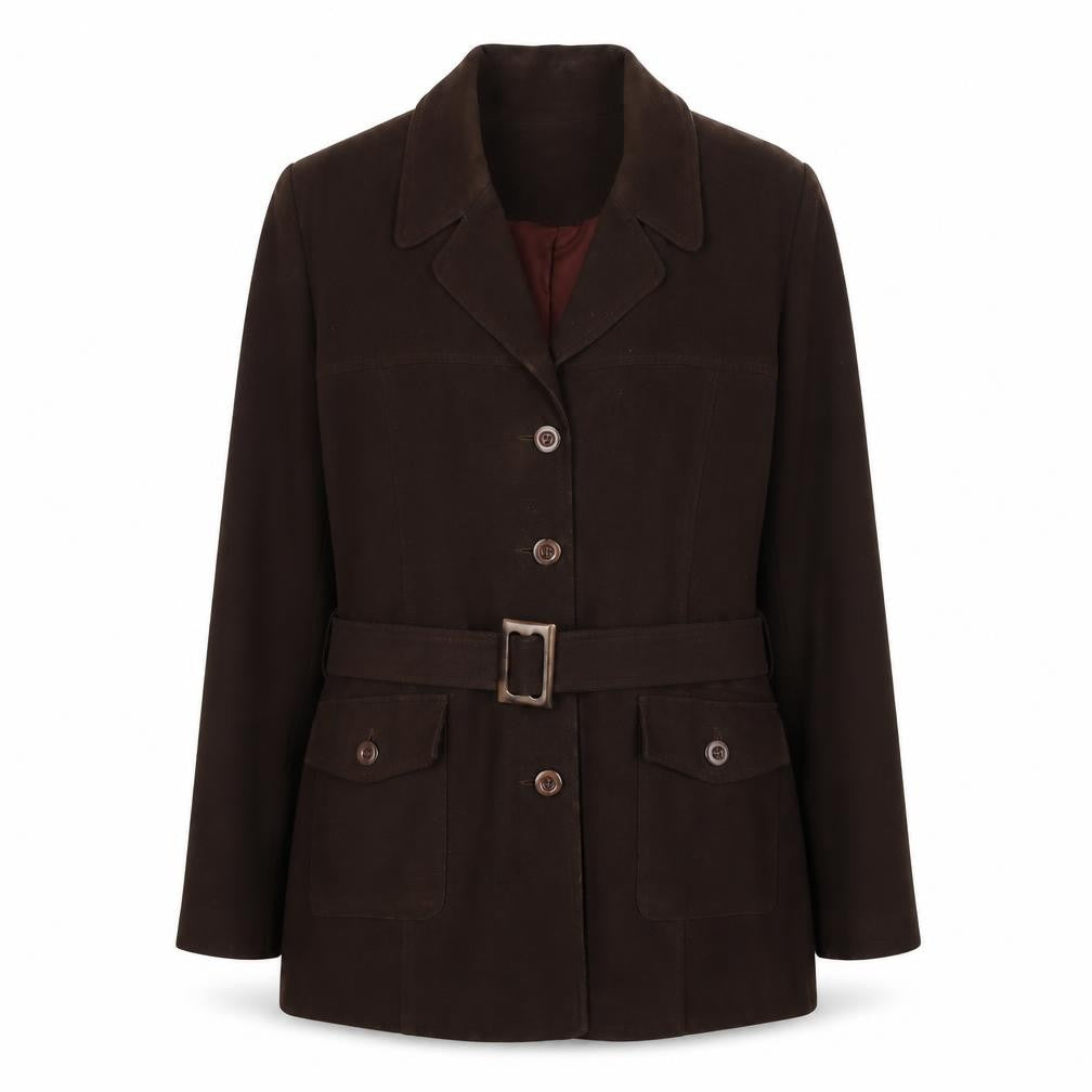 Front view of Charlotte Halton Women's Brown Belted Jacket, size 16