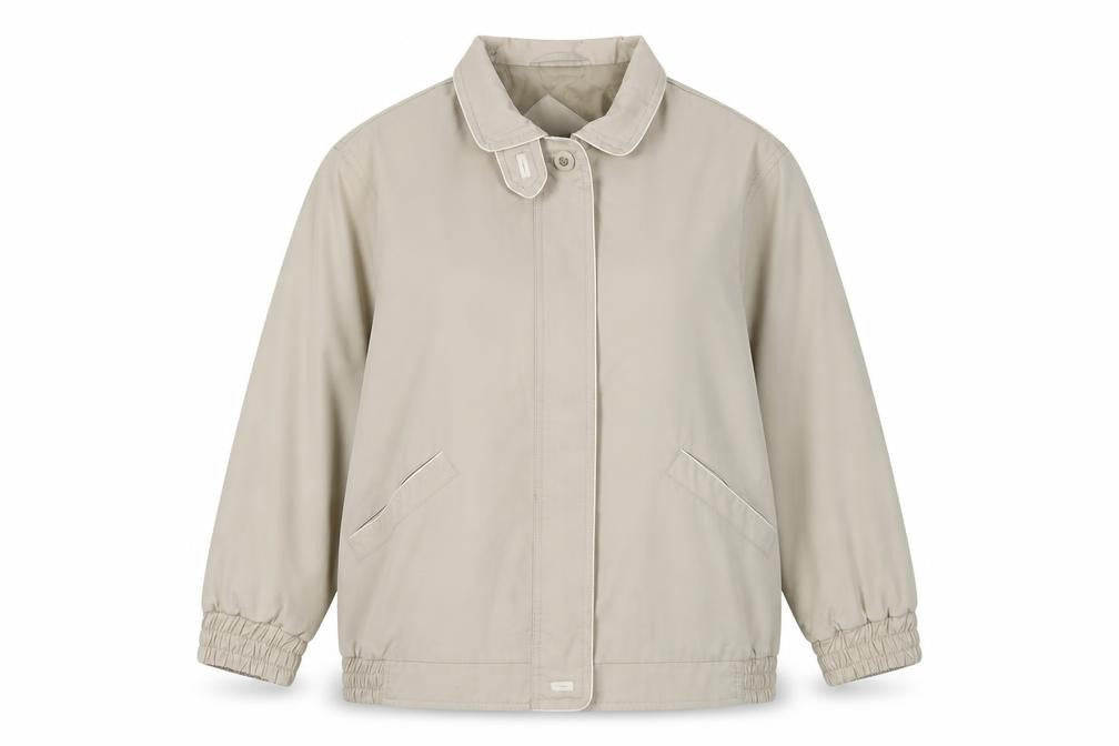 Front view of BH Women's Beige Basic Jacket, size 10, Collared Elastic