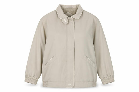 Front view of BH Women's Beige Basic Jacket, size 10, Collared Elastic