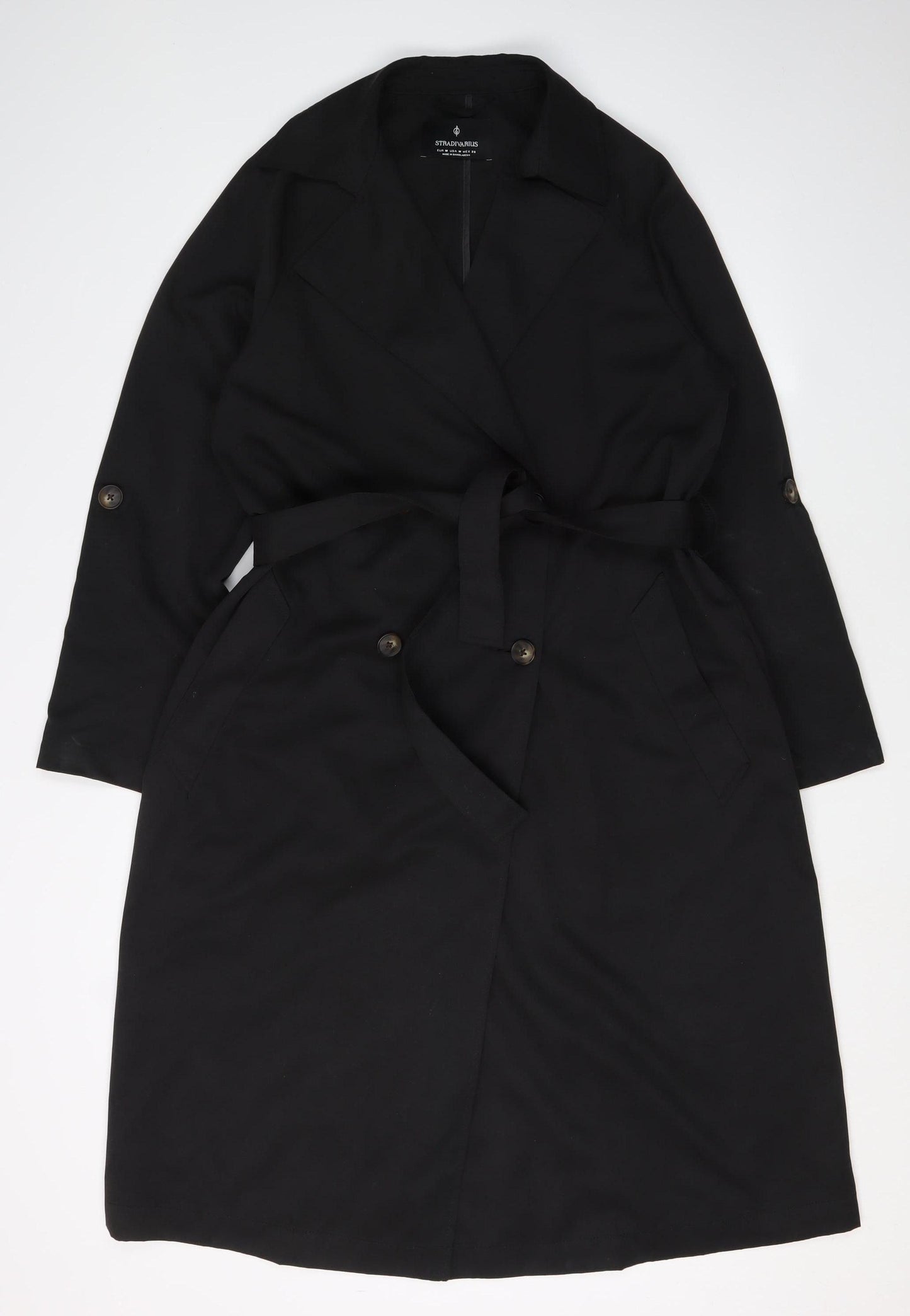 Stradivarius Women's Black M Trench Coat, Belted, Long Sleeve