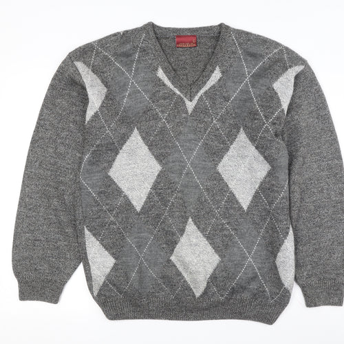 Greenwoods Men's Grey Argyle V-Neck Pullover Jumper L