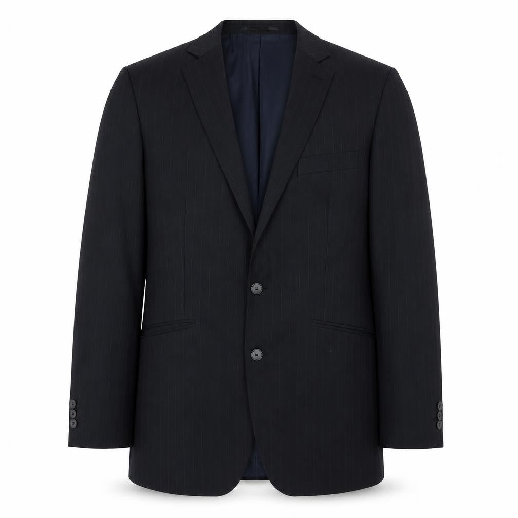 Front view of Jeff Banks Men's Black Long Blazer, size 40L, Striped