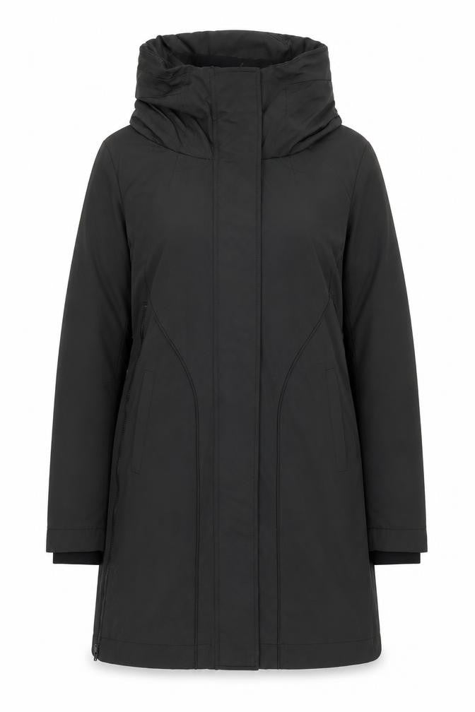 Front view of Sandwich Women's Black Long Hooded Coat, size 6