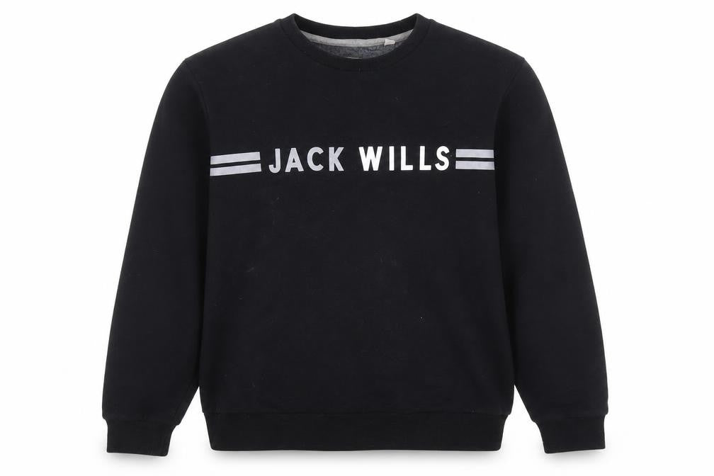 Front view of Jack Wills Men's Black XL Graphic Pullover Sweatshirt