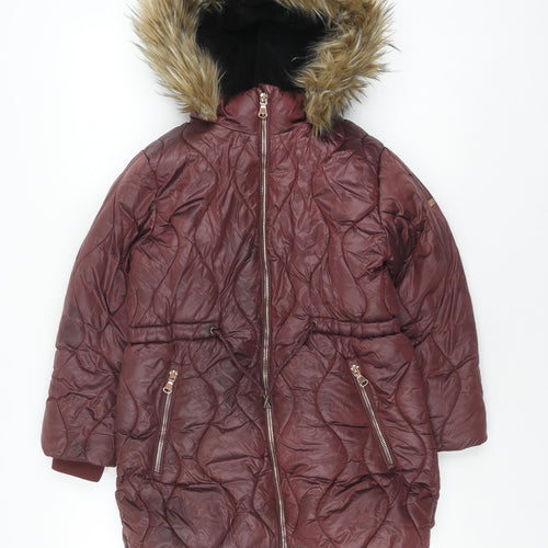 Next Girls Burgundy Puffer Jacket 8Y Hooded Winter Coat